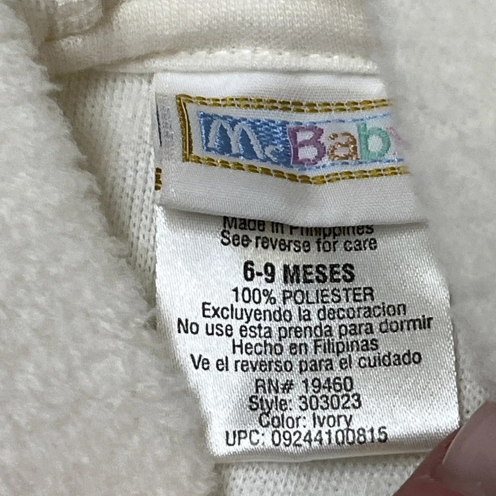 McBaby Fleece One‎ Piece Ivory Embroidered Teddy Bear Blue Trim Hooded Size 6-9M